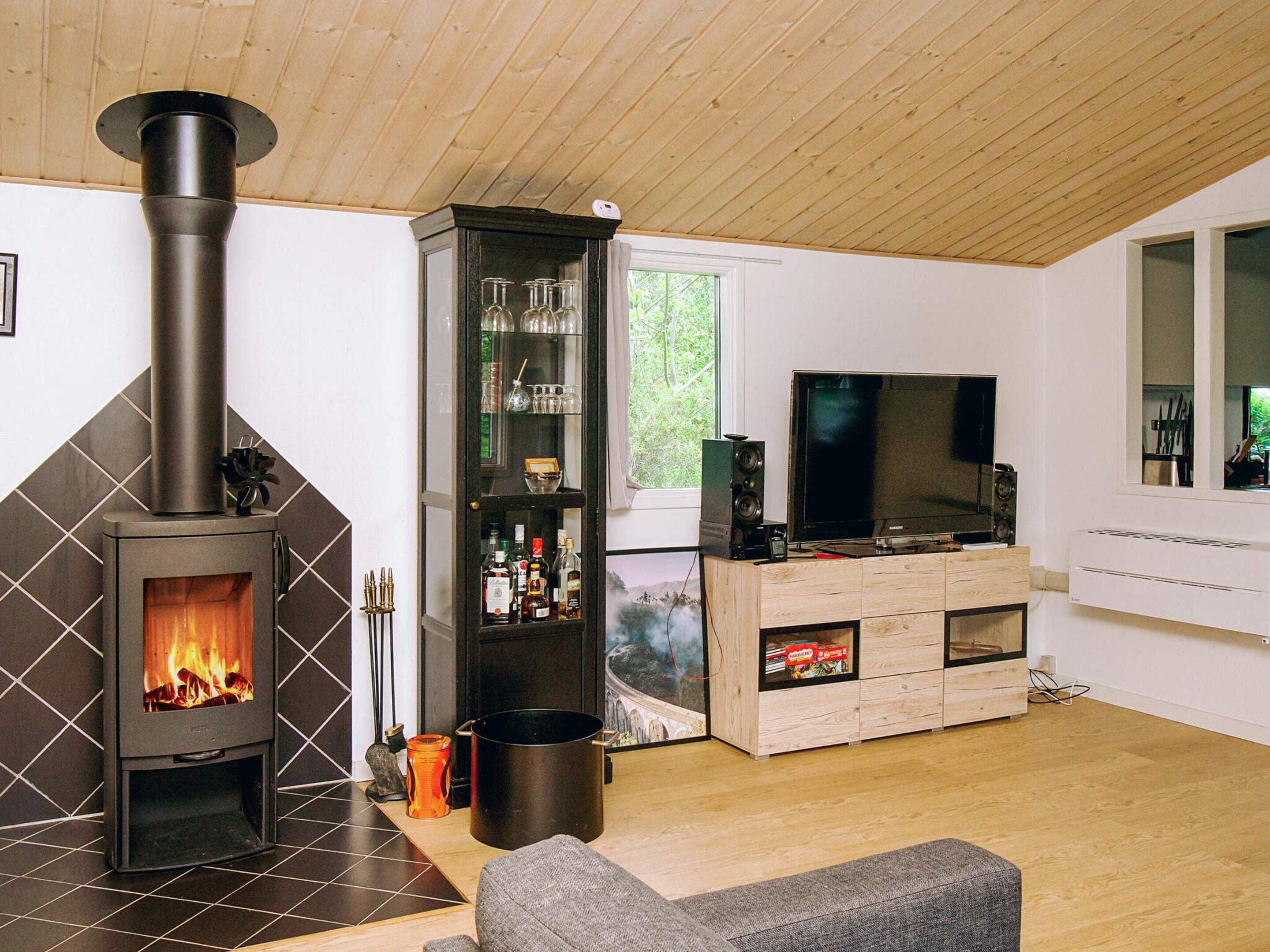 Een woonkamer met een houtkachel, een glazen kast met flessen, een televisie en een houten kast.