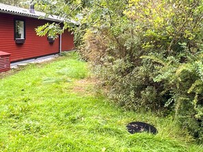 A red building with a window and a door, surrounded by green grass and dense foliage. - 8 Person Holiday Home in Holbaek (Holbaek)