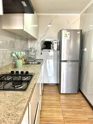 Comfort Apartment | Private kitchen | Full-size fridge, microwave, stovetop, cookware/dishes/utensils - Departamentos Recreo (Rancagua)