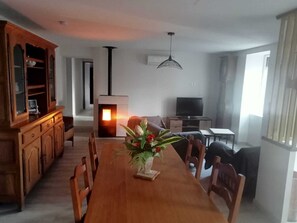 TV, fireplace, table tennis, books