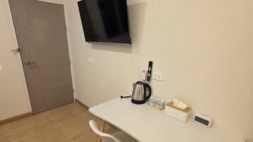 Desk, laptop workspace, blackout drapes, free WiFi