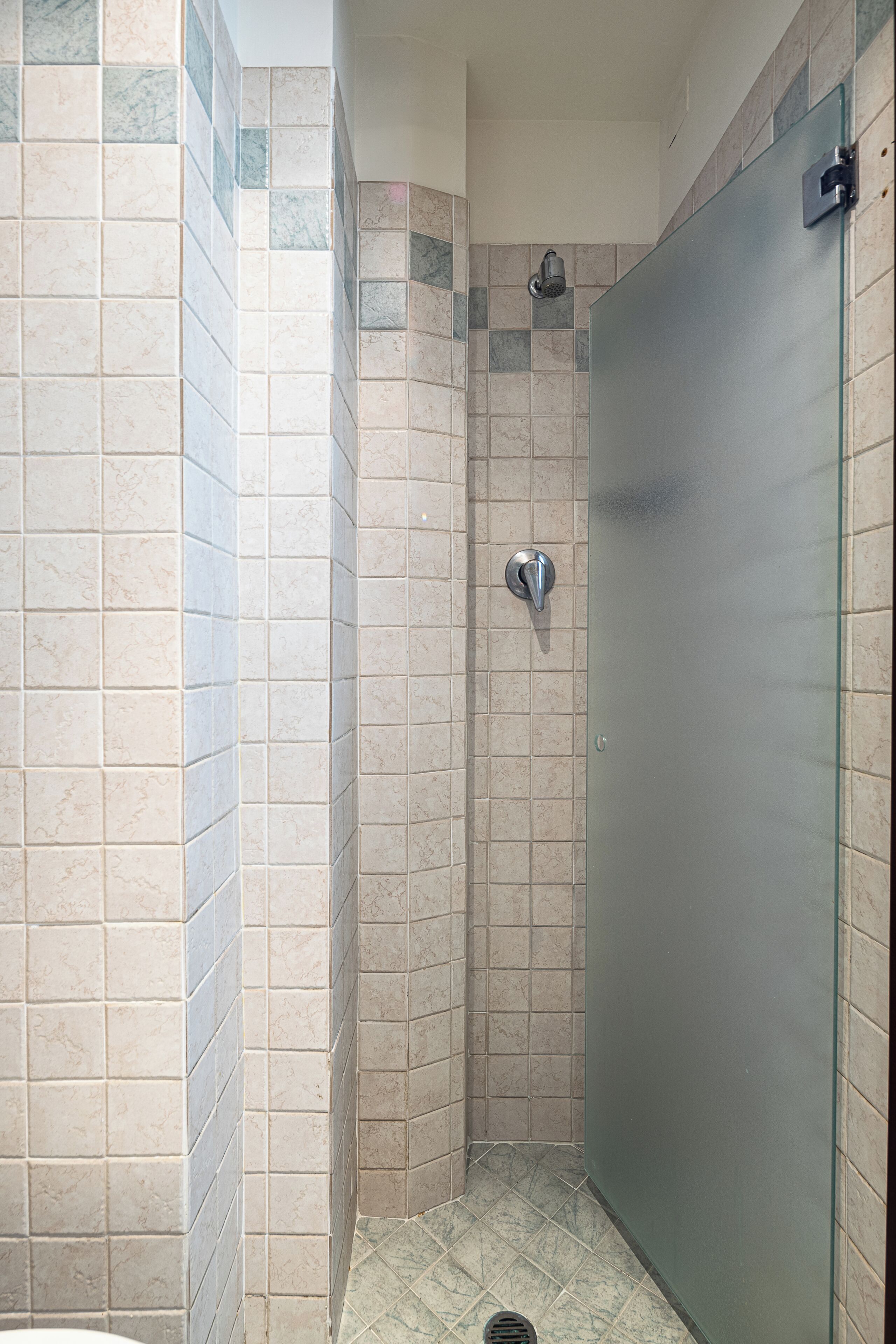 Een douche met een glazen deur, betegelde wanden en een douchekop.
