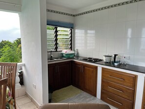 Fridge, microwave, stovetop, electric kettle