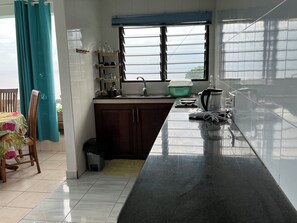 Fridge, microwave, stovetop, electric kettle