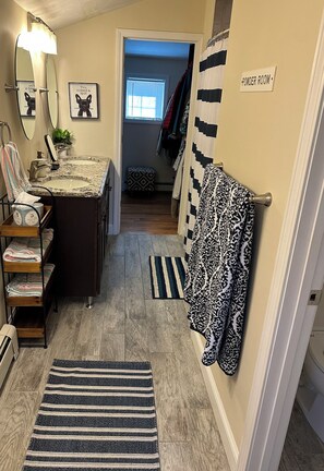 Hair dryer, towels, soap, toilet paper