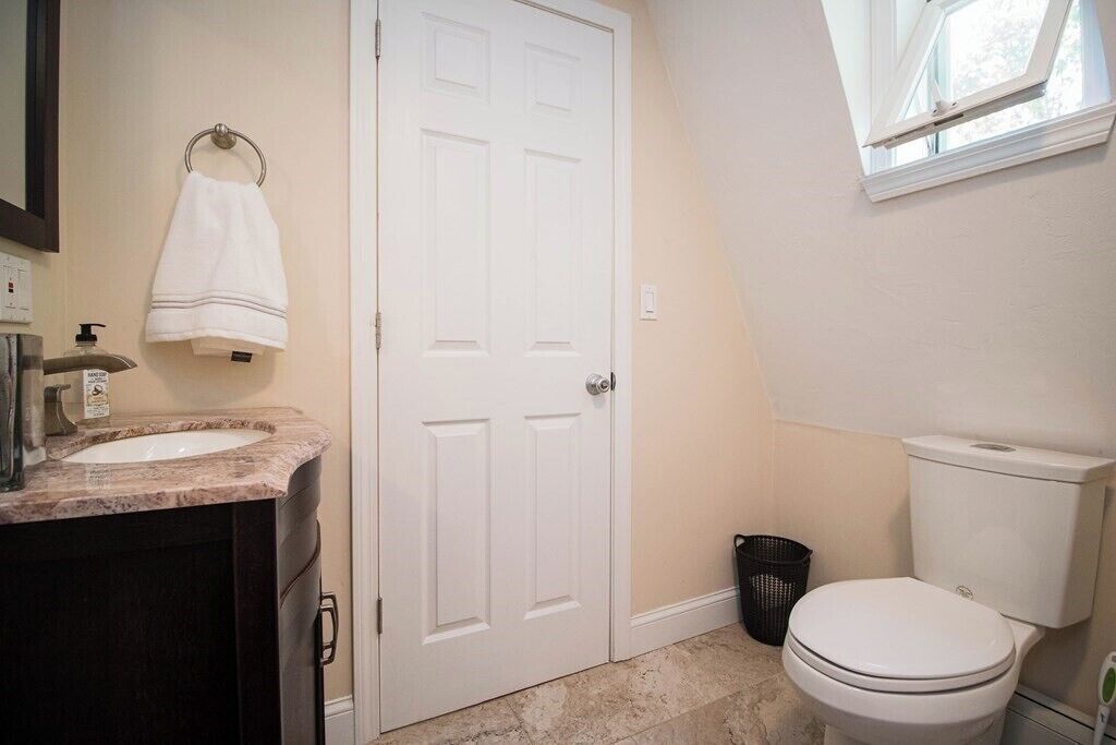 Hair dryer, towels, soap, toilet paper