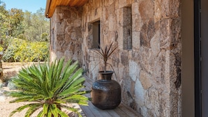A stone building with a wooden deck and a large potted plant.