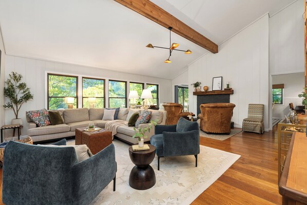 TV, fireplace, books, offices