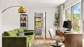 Télévision, cheminée, livres, espaces bureaux