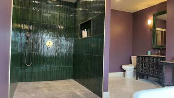 Shower, hair dryer, shampoo