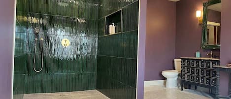Shower, hair dryer, shampoo