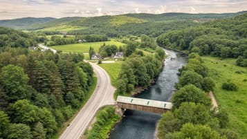 A river flowing through a lush valley with a bridge and a road curving alongside.