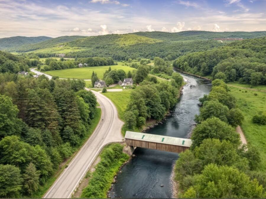 A river flowing through a lush valley with a bridge and a road curving alongside.