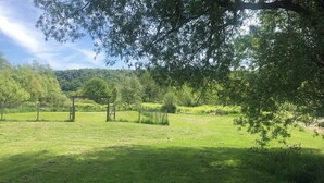 Ein grünes Feld mit einer hölzernen Pergola und Bäumen im Hintergrund.