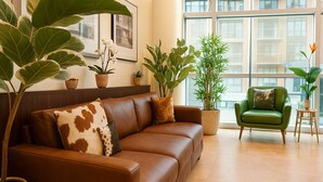 Ein modernes Wohnzimmer mit einem braunen Ledersofa, einem grünen Sessel und mehreren Blumentöpfen.
