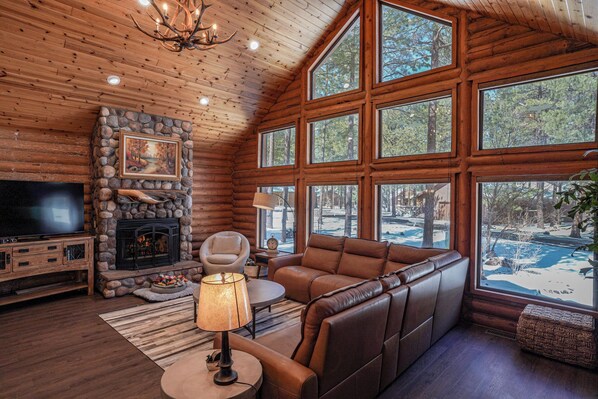 Smart TV, fireplace, foosball, books