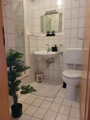 A small bathroom with white tiles, a white sink, a mirror above the sink, a toilet, a small trash bin, and a potted plant.
