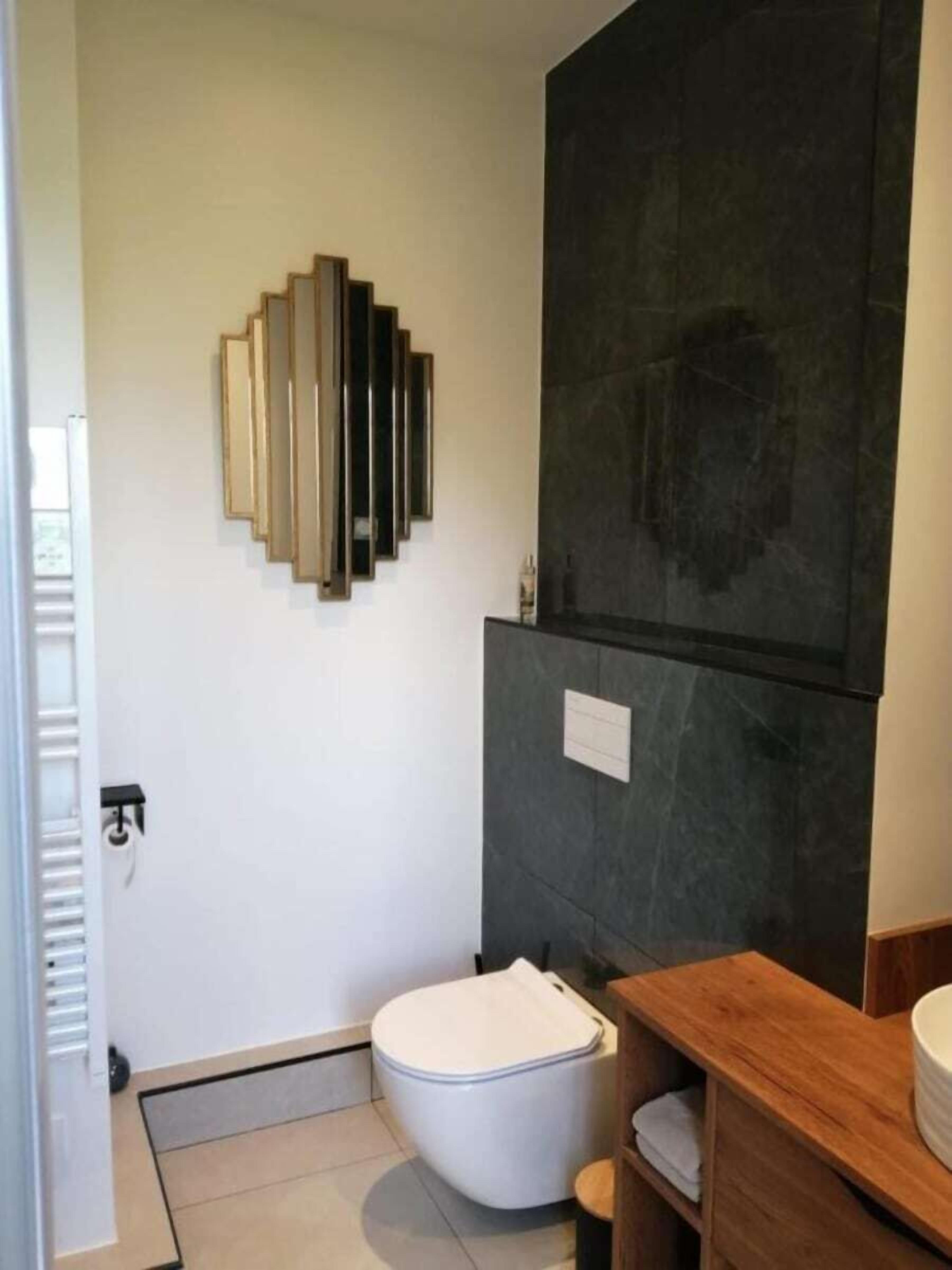 A modern bathroom with a white toilet, a wooden vanity, and a large dark wall feature.
