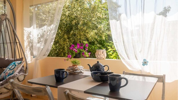 A dining area with a table, chairs, and a hanging chair. There is a window with a view of greenery and flowers.