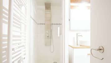 Shower, hair dryer, towels, soap
