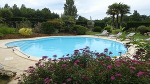 A swimming pool with lounge chairs and a garden with flowering plants. - Gascon du Saby - HONTANX (HONTANX)