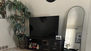 A living room with a large flat-screen TV, a potted plant, a decorative mirror, and a patterned rug. - The Upper Room (McKeesport)