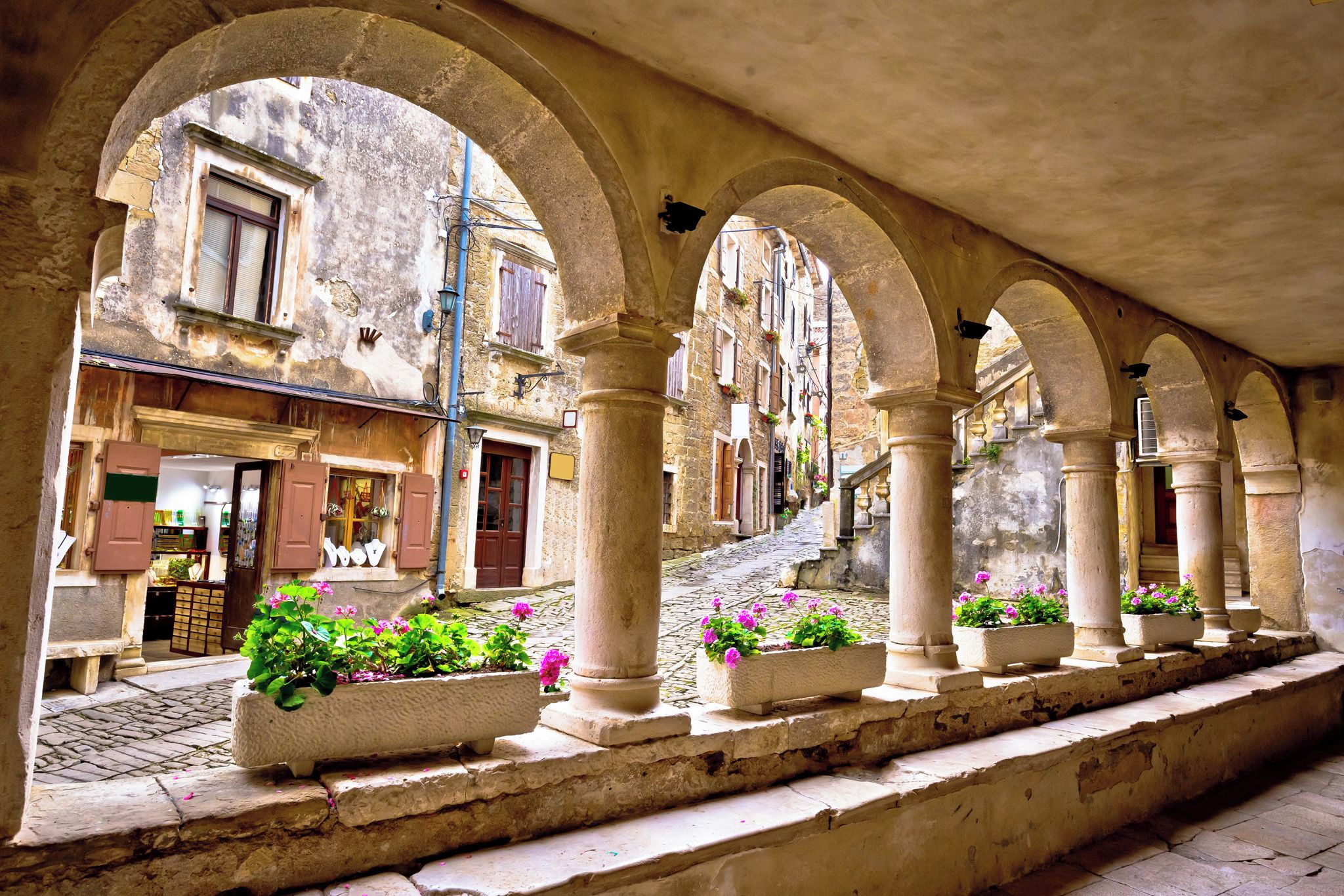 An outdoor corridor with stone columns, potted plants, and a cobblestone path leading to a building entrance.