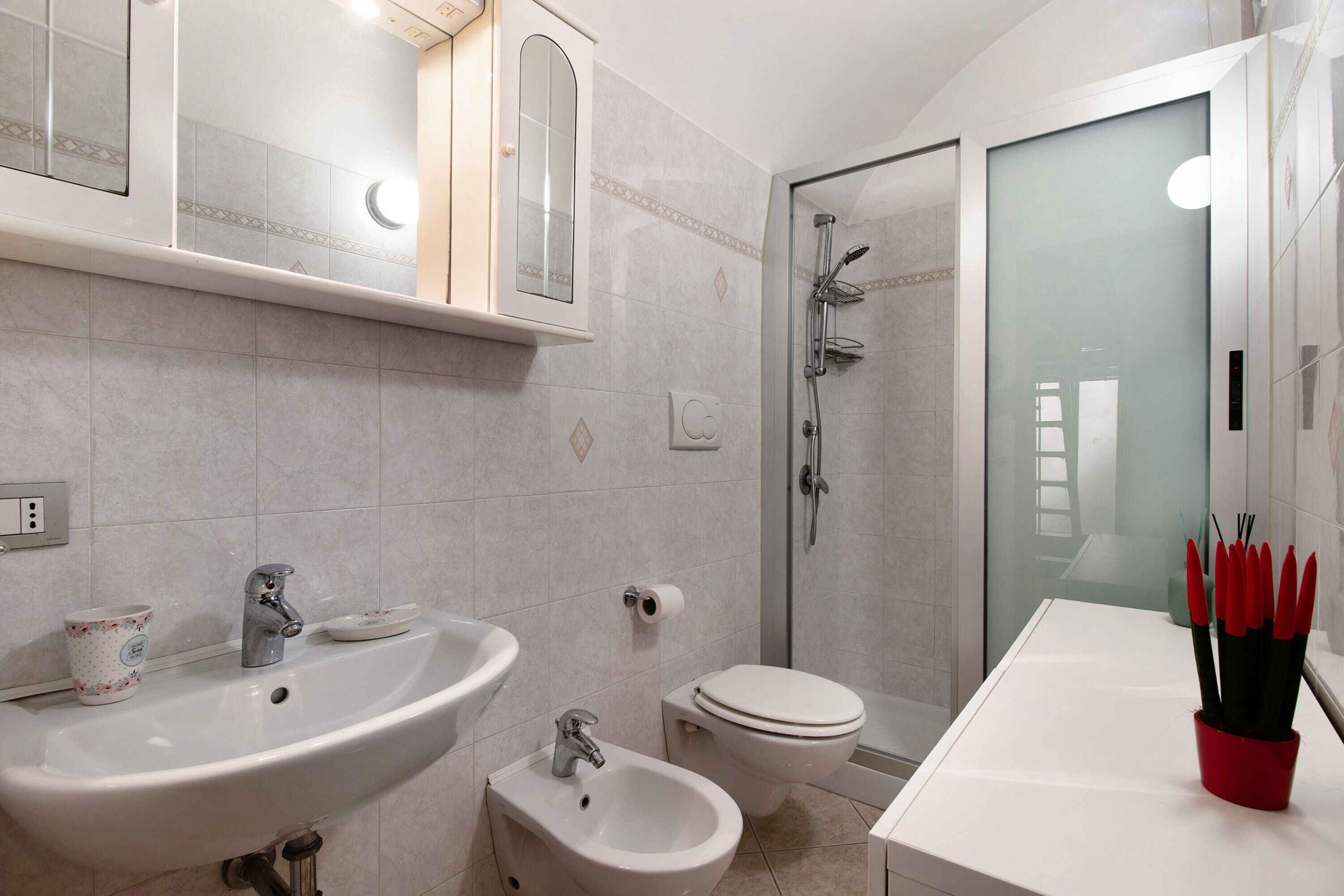 Shower, hair dryer, towels