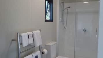 Hair dryer, towels, soap, toilet paper
