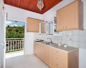 Cozinha com armários de madeira, forno embutido, pia e vista para o verde lá fora.