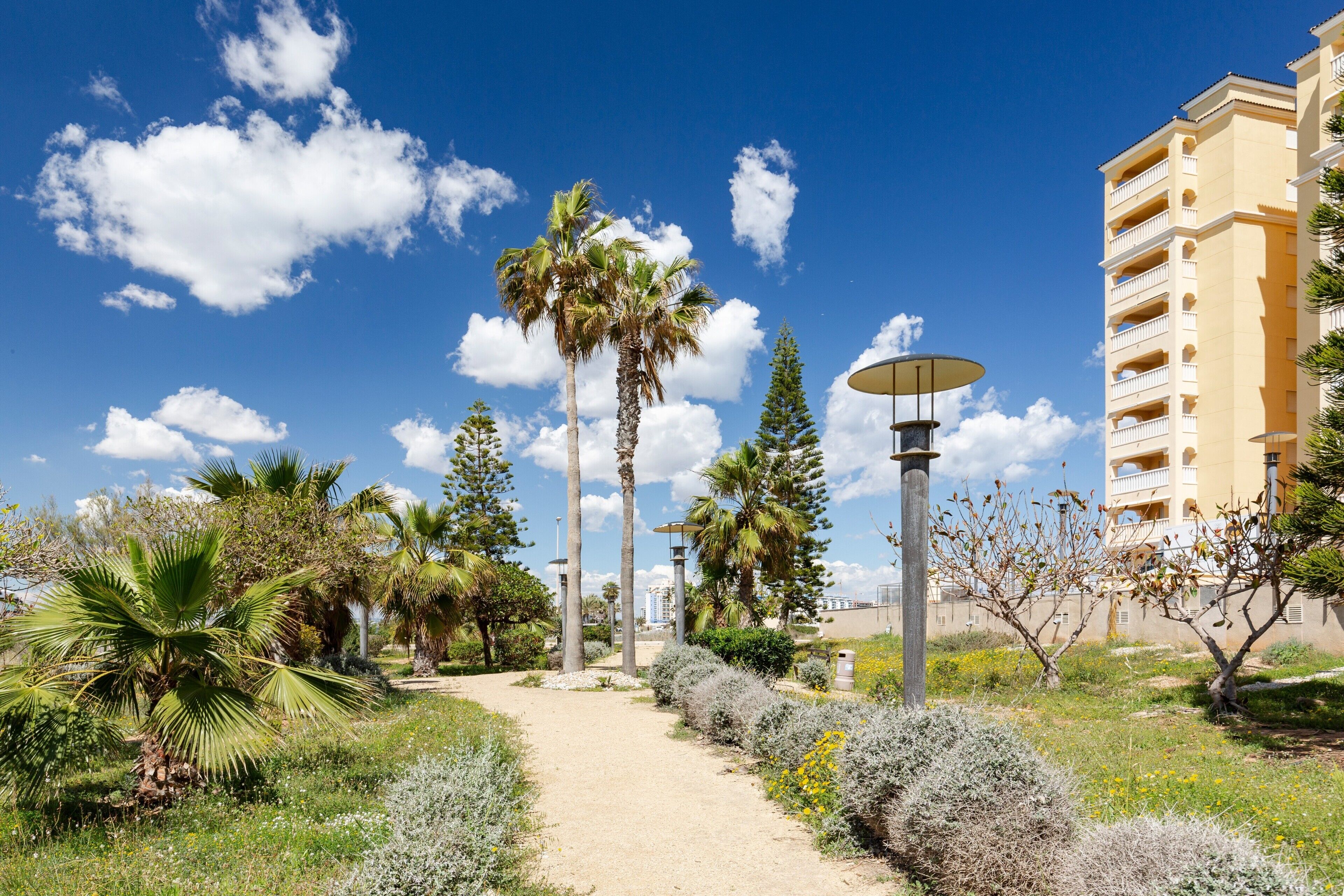 A pathway leading to a building with a clear blue sky and clouds.