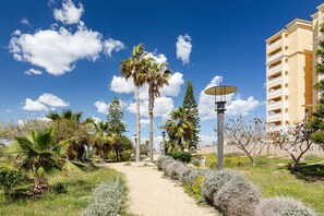 A pathway leading to a building with a clear blue sky and clouds.
