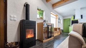 A cozy living room with a wood-burning stove, a glass-fronted cabinet, and a green door leading to the kitchen.