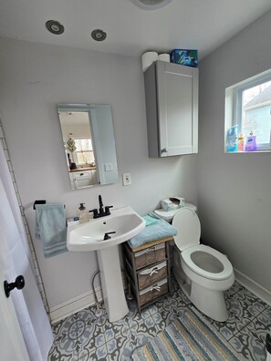 Hair dryer, towels, soap, toilet paper