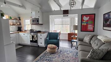 Smart TV, fireplace, books, music library