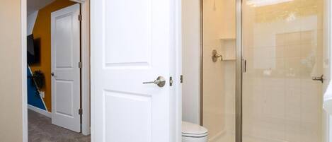 A bathroom with a glass-enclosed shower, a toilet, and a white door.