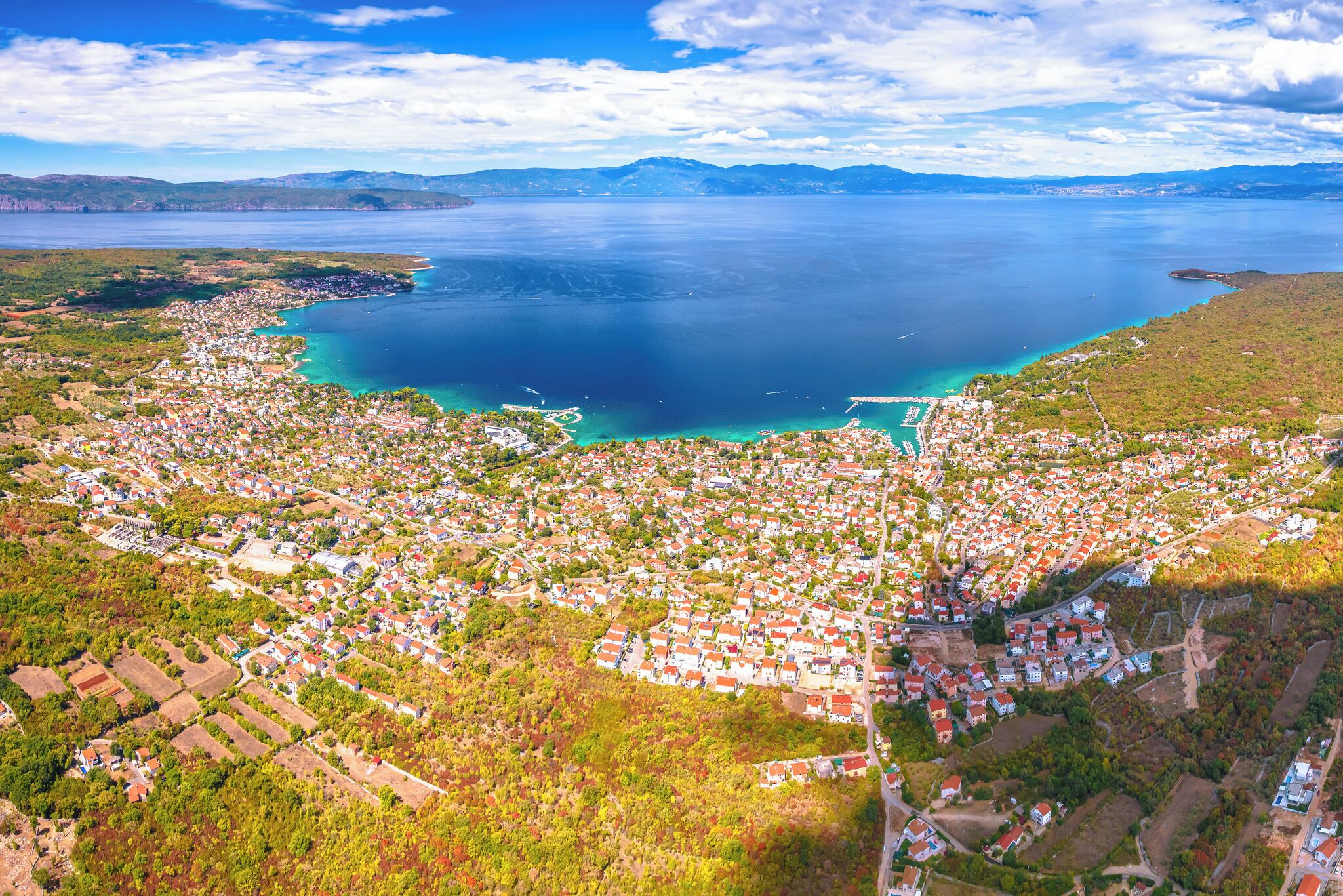 An aerial view of a coastal town with residential areas, a marina, and a large body of water.