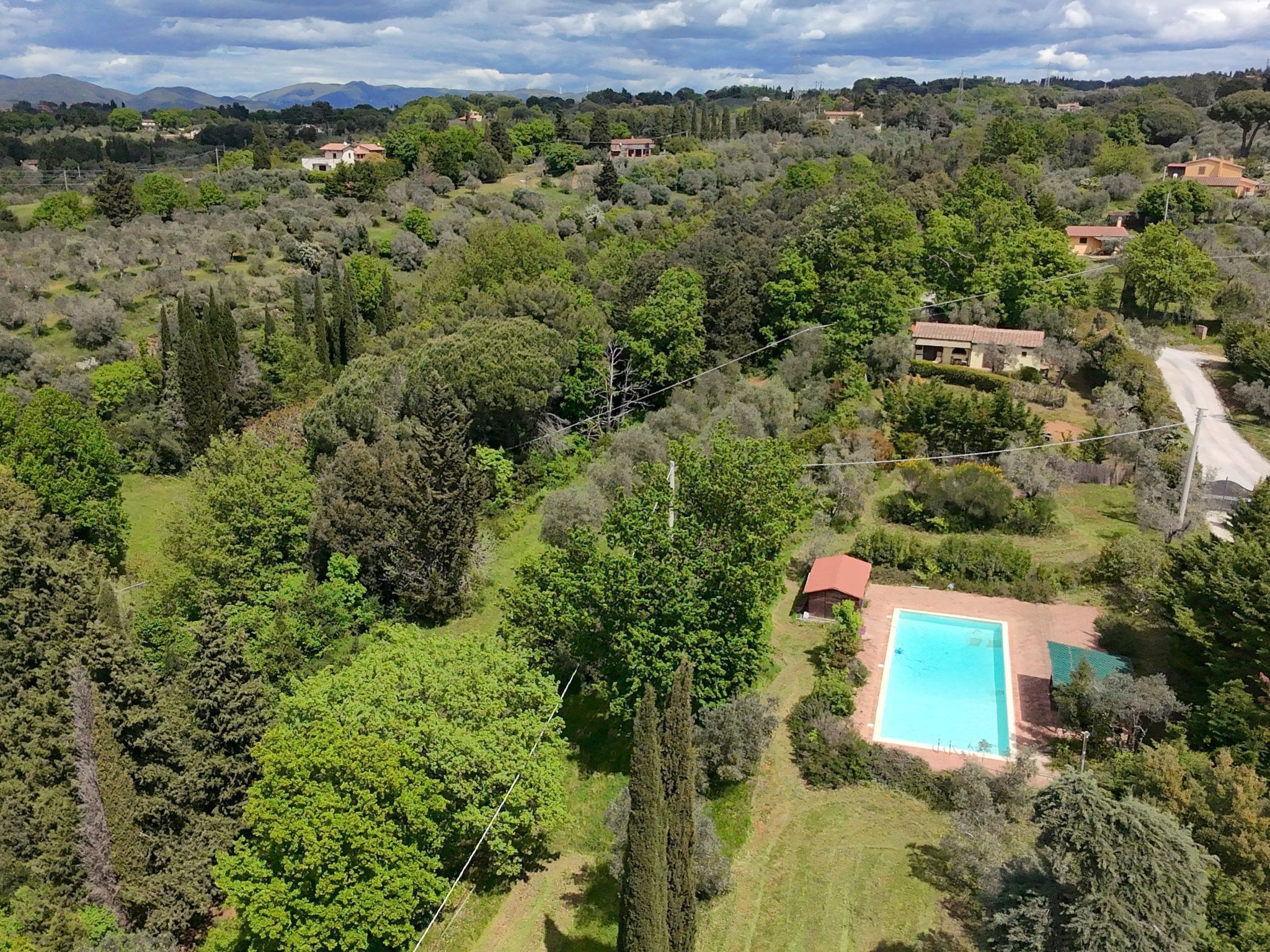 Vue aérienne d’un quartier résidentiel avec une piscine entourée d’une végétation luxuriante et de maisons.