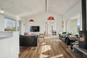 A spacious living room with a fireplace, a television, and a large window. - Lovely holiday home in Southern Jutland (Sydals)
