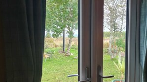 Une pièce dotée d’une porte-fenêtre coulissante donnant sur un espace extérieur avec une terrasse en bois, des plantes en pot et une pelouse.