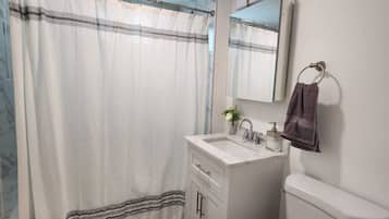 Hair dryer, towels, soap, shampoo