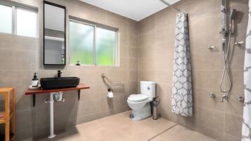 Shower, hair dryer, towels, soap