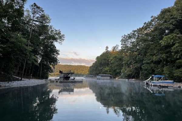 Looking out the cove from our dock in the morning