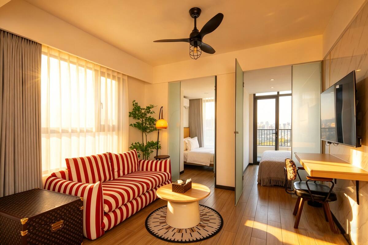 A hotel room with a striped sofa, a wooden coffee table, a desk with a chair, a bed, and a TV.
