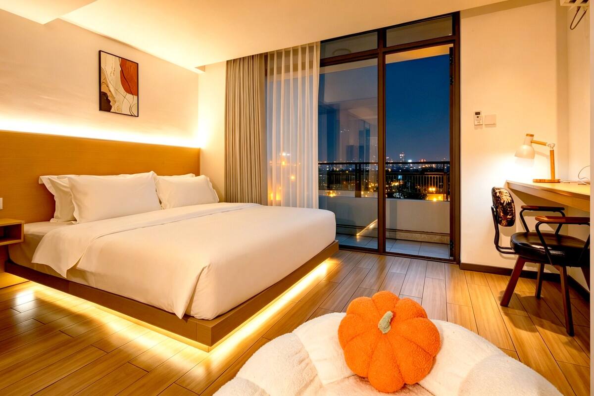 A hotel room with a large bed, a desk, a chair, a window with a city view, and a painting on the wall.