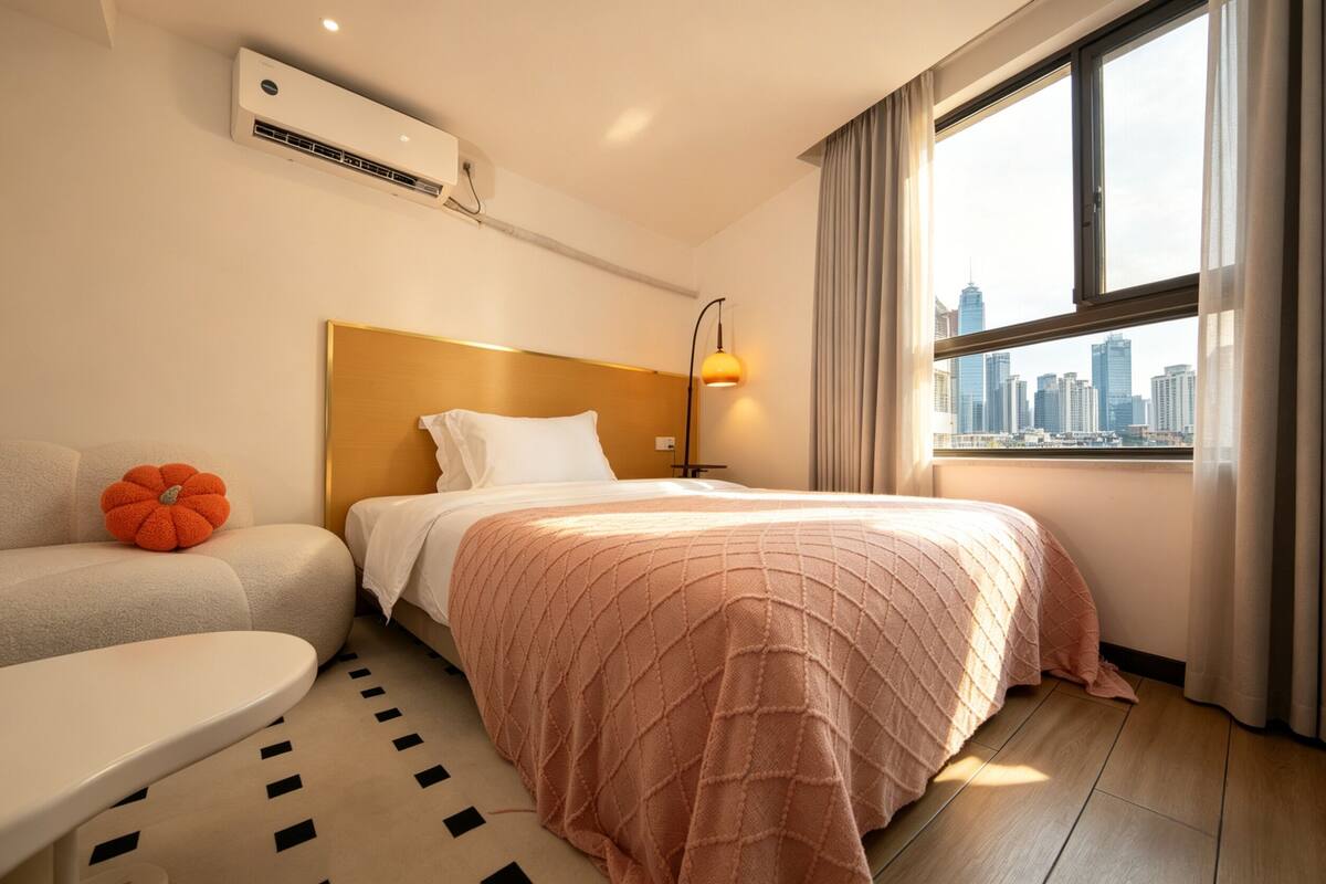 A hotel room with a bed, a sofa, a small table, a city view, and an air conditioning unit.