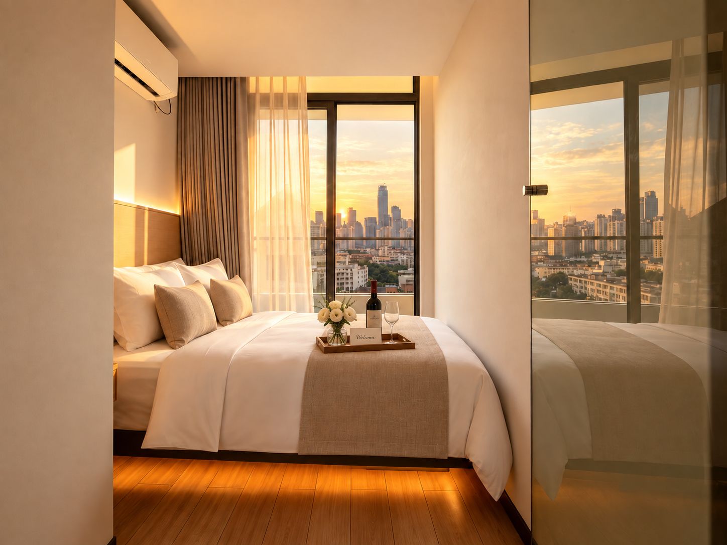 Habitación de hotel moderna con vista al horizonte de la ciudad, una cama y una bandeja de vino, y un paisaje urbano visible a través de amplias ventanas.