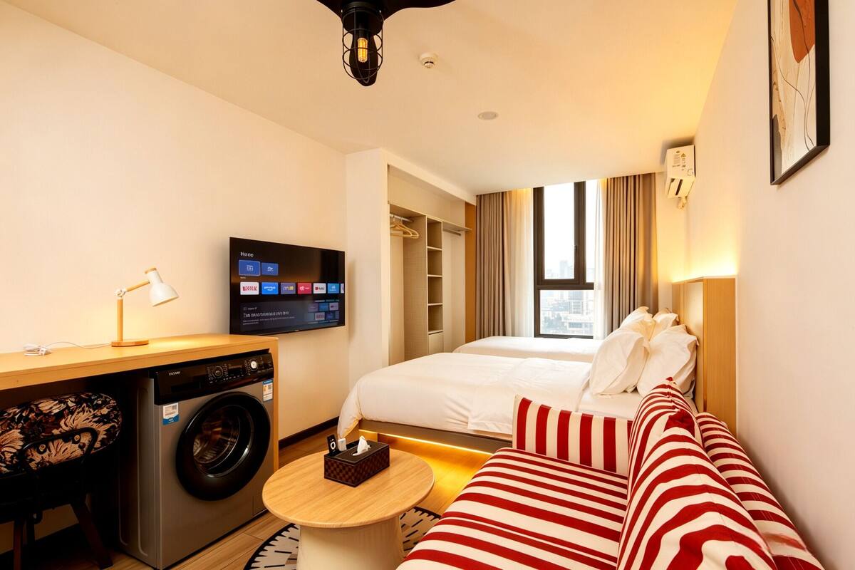 A hotel room with a bed, a sofa, a TV, a washing machine, and a closet.