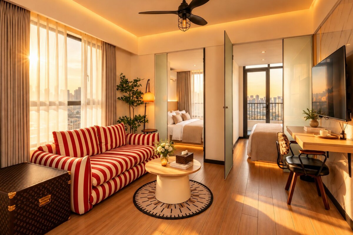 A hotel room with a sofa, a coffee table, a suitcase, a bed, a desk, a chair, a TV, and a balcony with a city view.