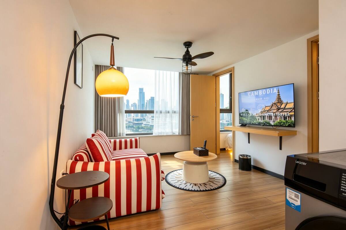A modern living room with a sofa, a coffee table, a TV, and a city view.